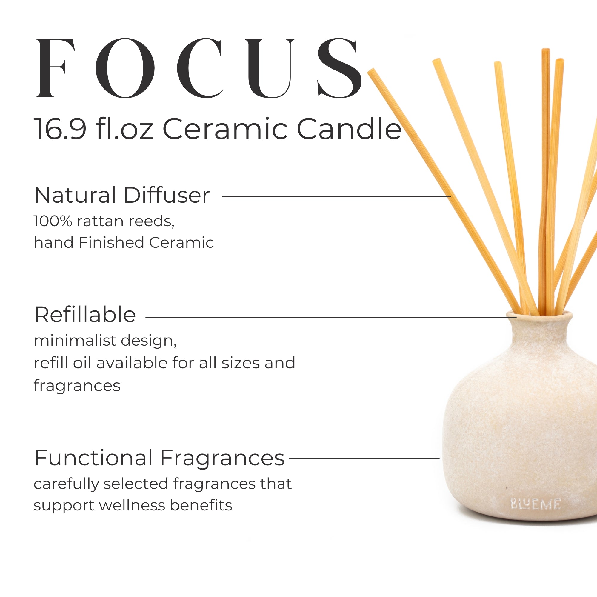 Bundle | Large Ceramic Refillable Wellness Diffuser + Refill | Focus - Eucalyptus & Lime