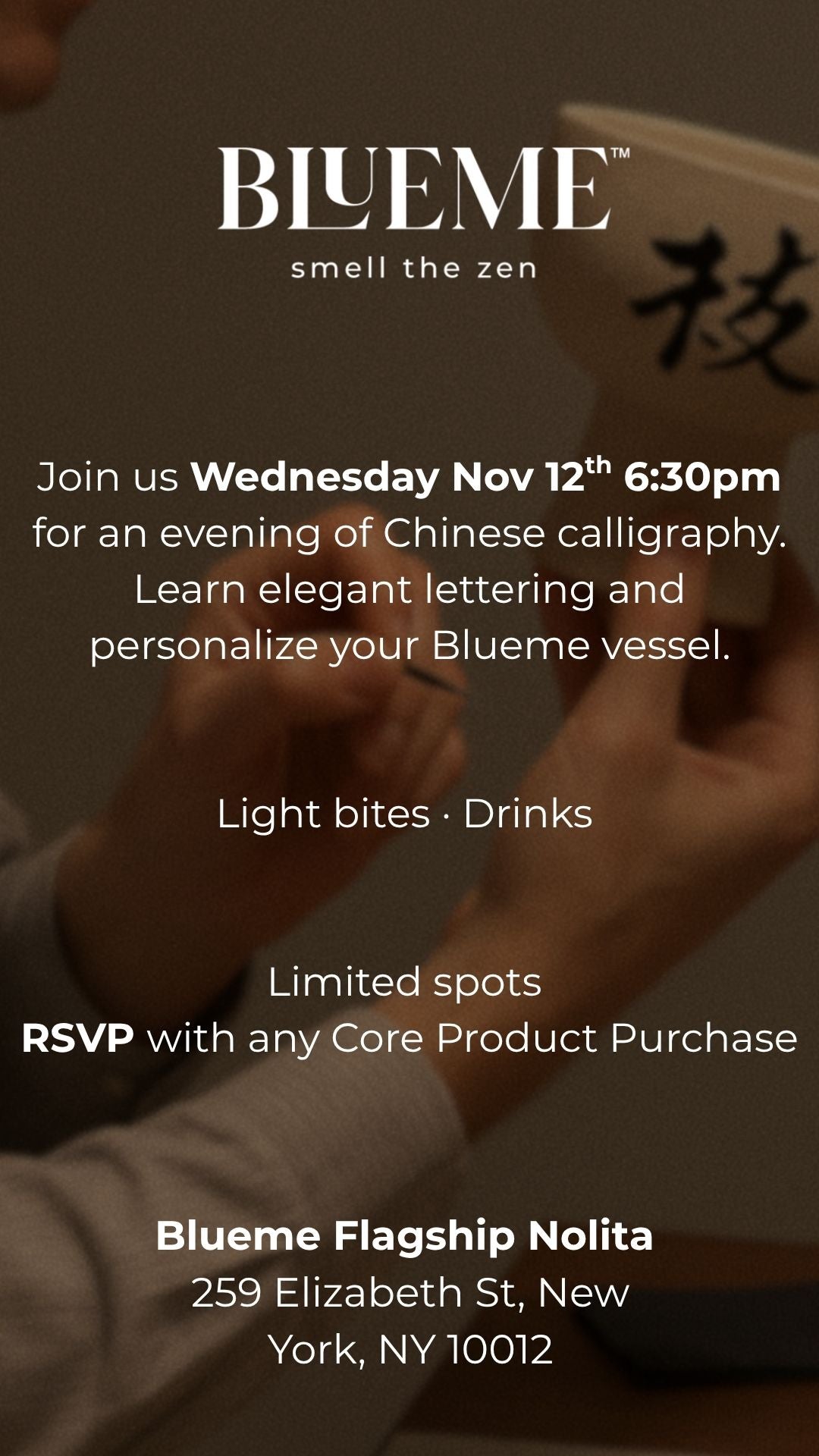 Blueme Calligraphy Art Night in NoLita on Nov 12